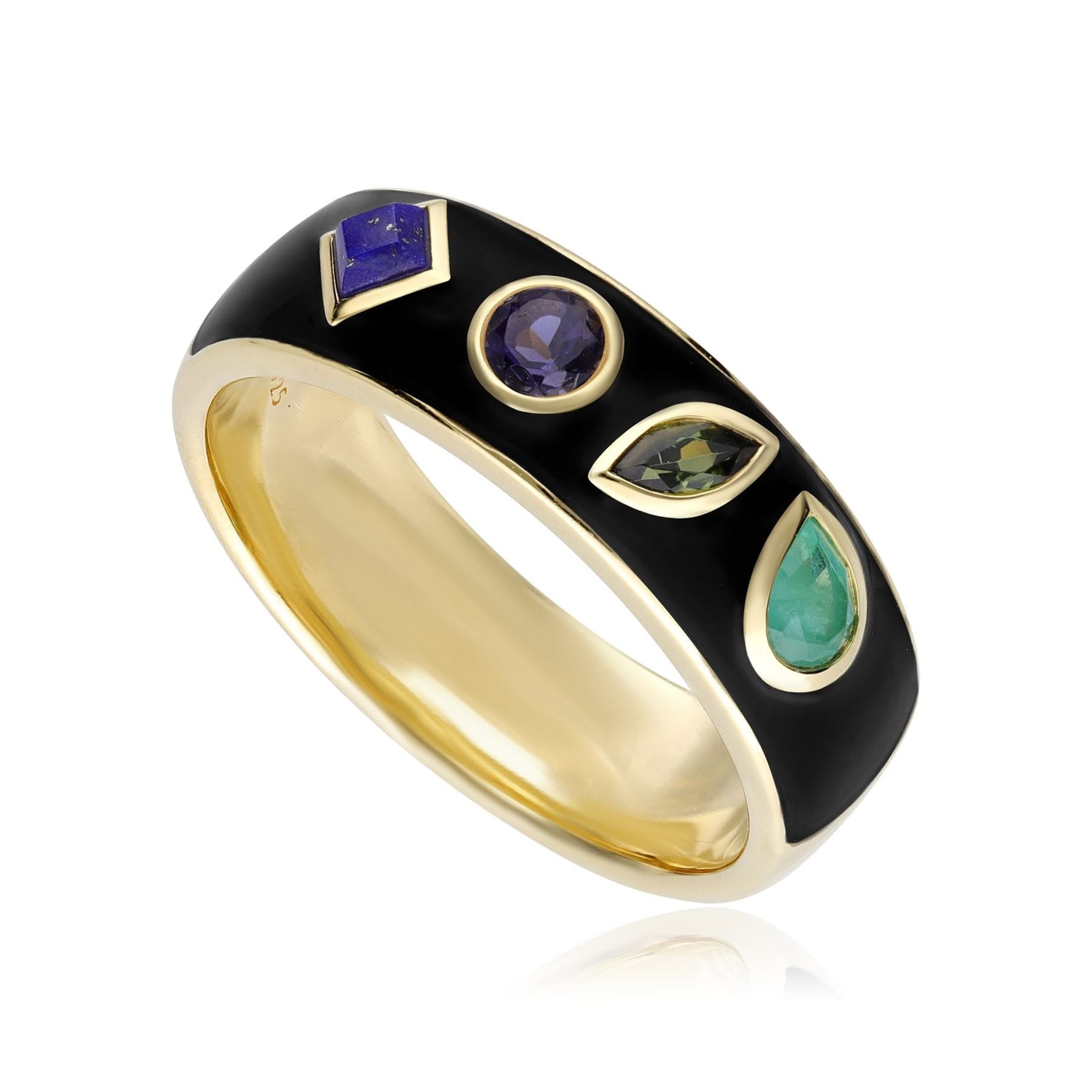 253R663801925 Coded Whispers Black Enamel 'Live' Acrostic Gemstone Ring In Yellow Gold Plated Silver 1