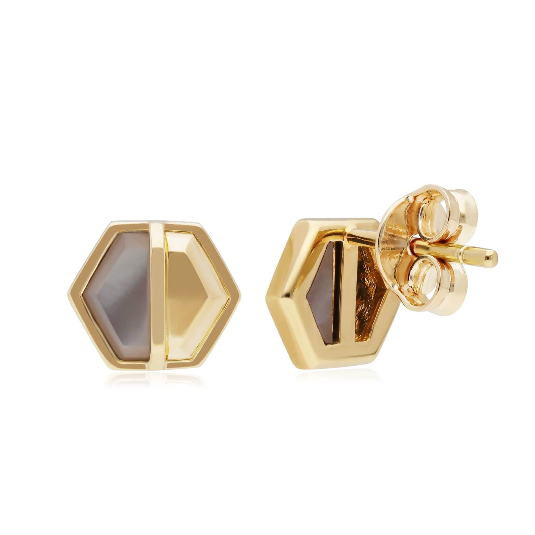 270E027504925 Micro Statement Mother of Pearl Hexagon Stud Earrings in Gold Plated Silver 2