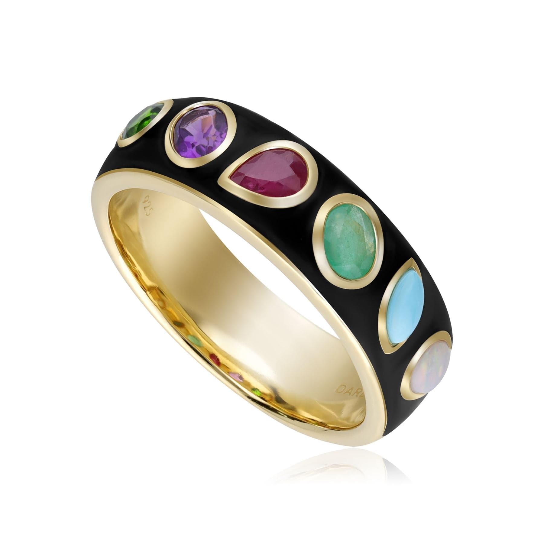 253R664001925 Coded Whispers Black Enamel 'Dare to' Acrostic Gemstone Ring In Yellow Gold Plated Silver 1
