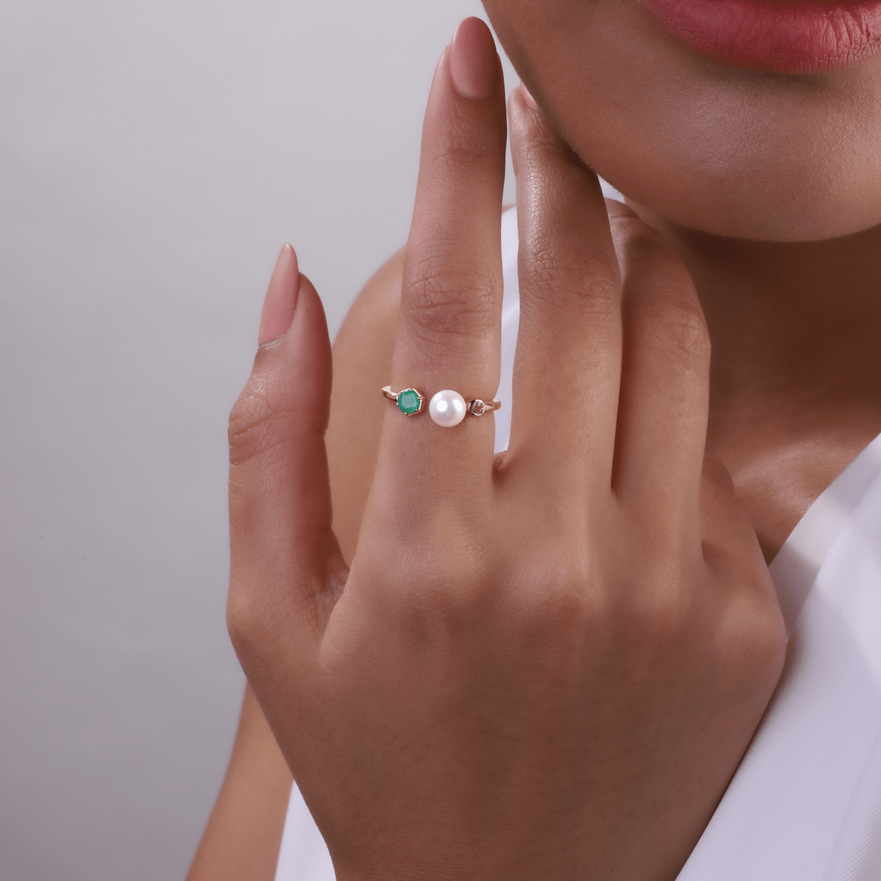 270R058603925 Modern Pearl, Emerald & Topaz Open Ring in Gold Plated Silver 2