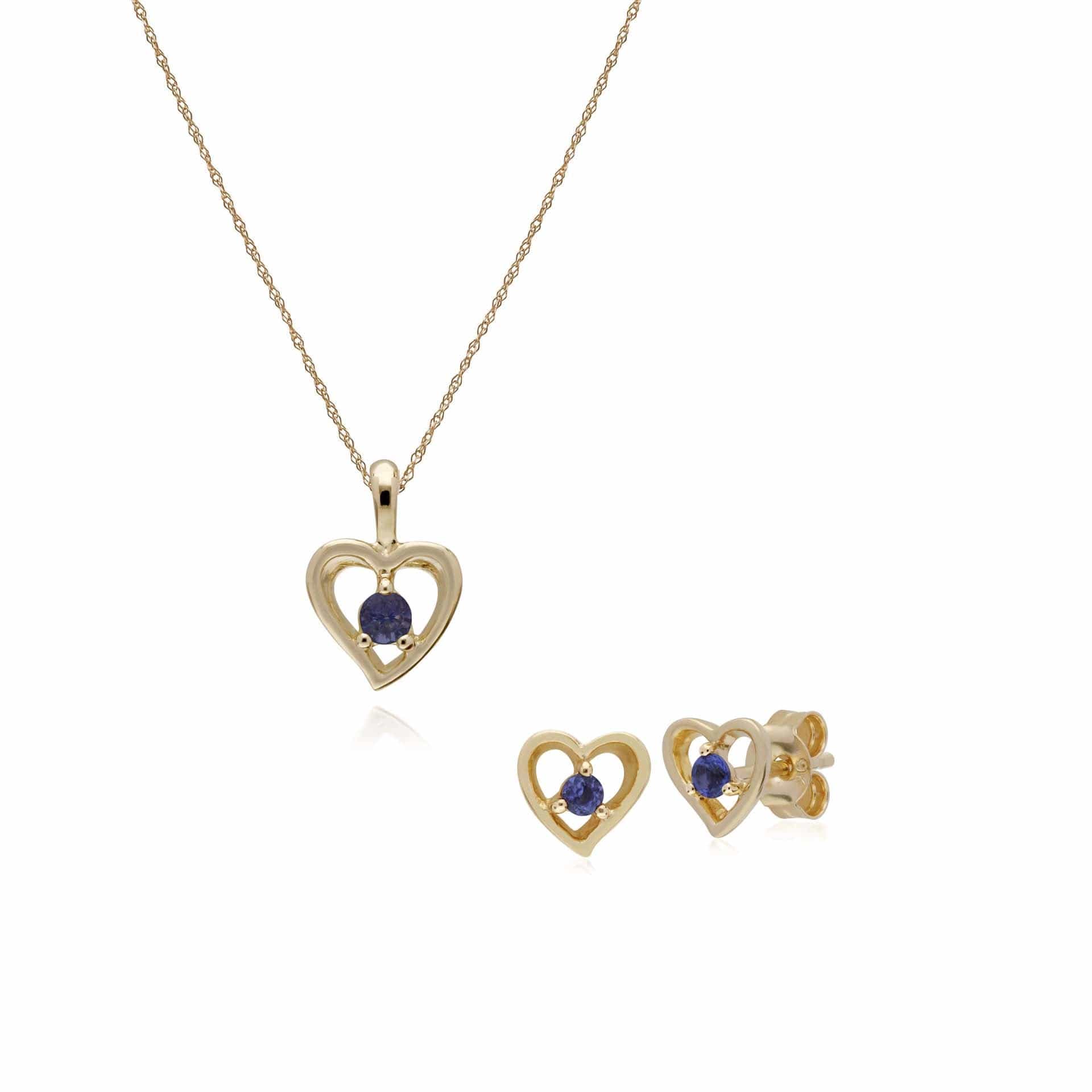 135E1521089-135P1875079 Classic Round Tanzanite Single Stone Heart Stud Earrings & Necklace Set in 9ct Yellow Gold 1
