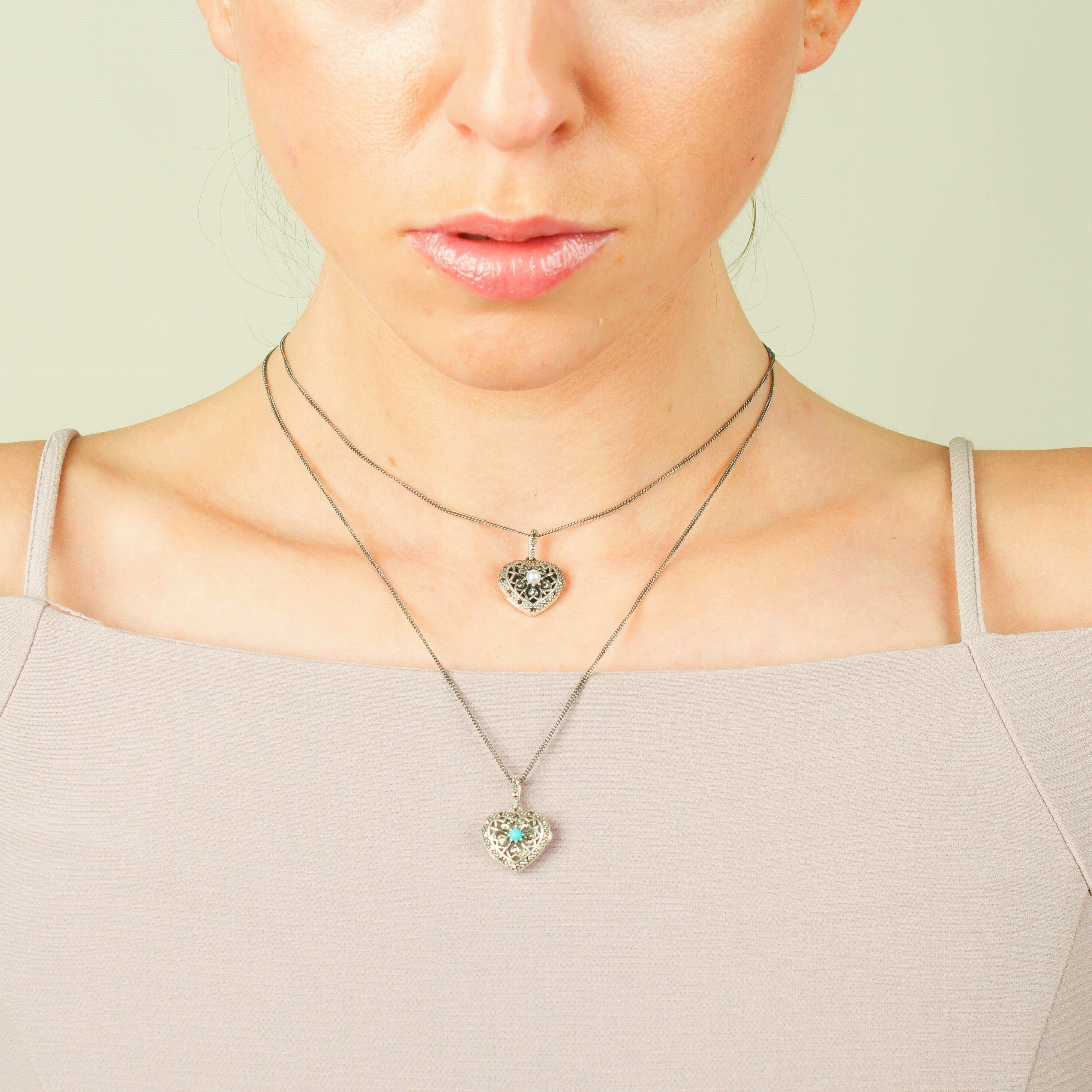 Art Nouveau Style Pearl & Marcasite Heart Necklace in 925 Sterling Silver - Gemondo
