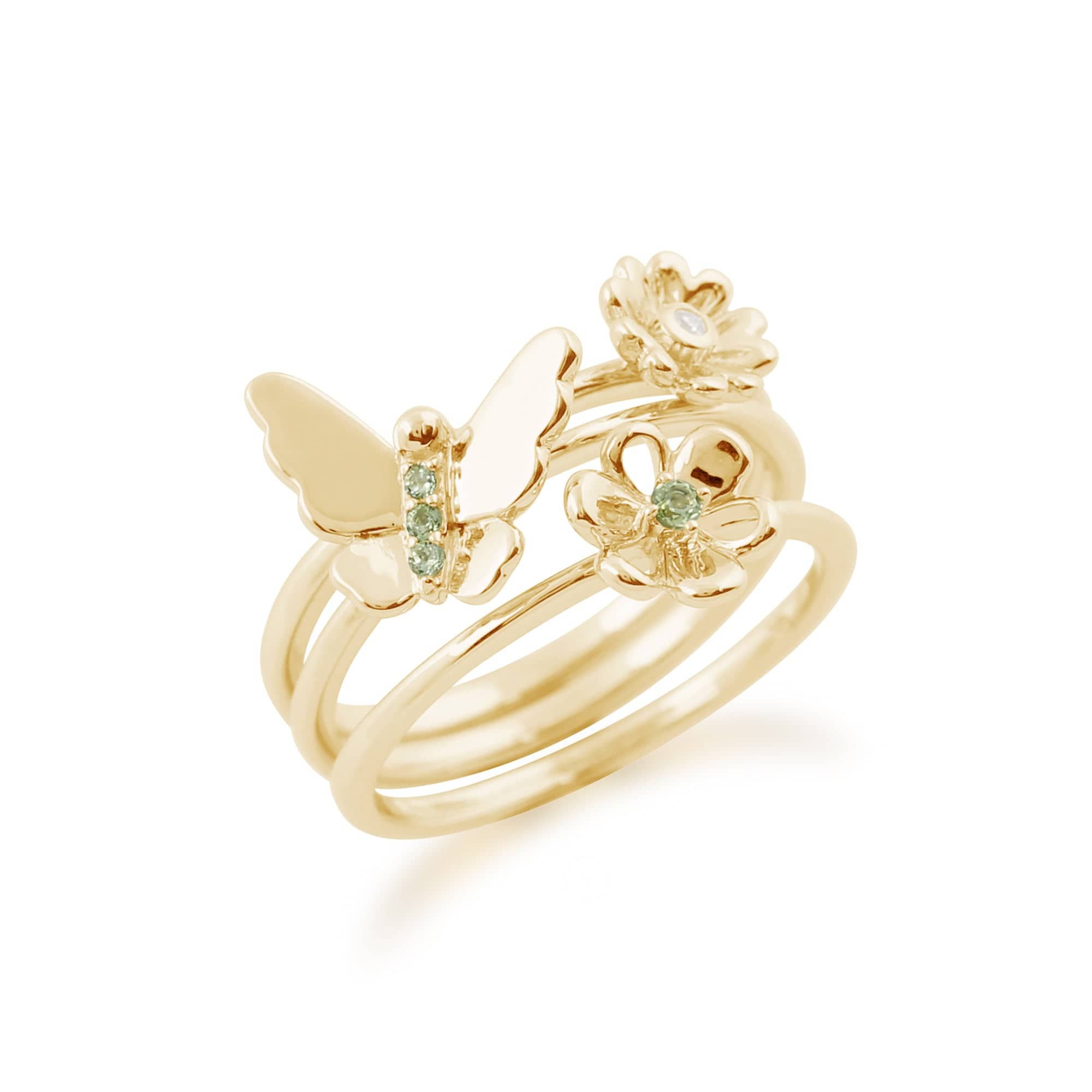 Floral Peridot & Diamond Butterfly & Flowers Three Stack Ring Set Image 2