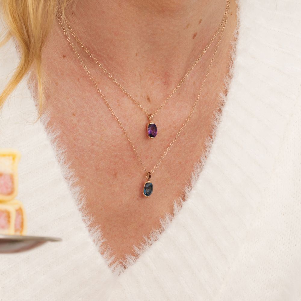 Siberian waltz Oval london blue topaz  with brown enamelled half-bezel pendant necklace in rose gold vermeil sterling silver