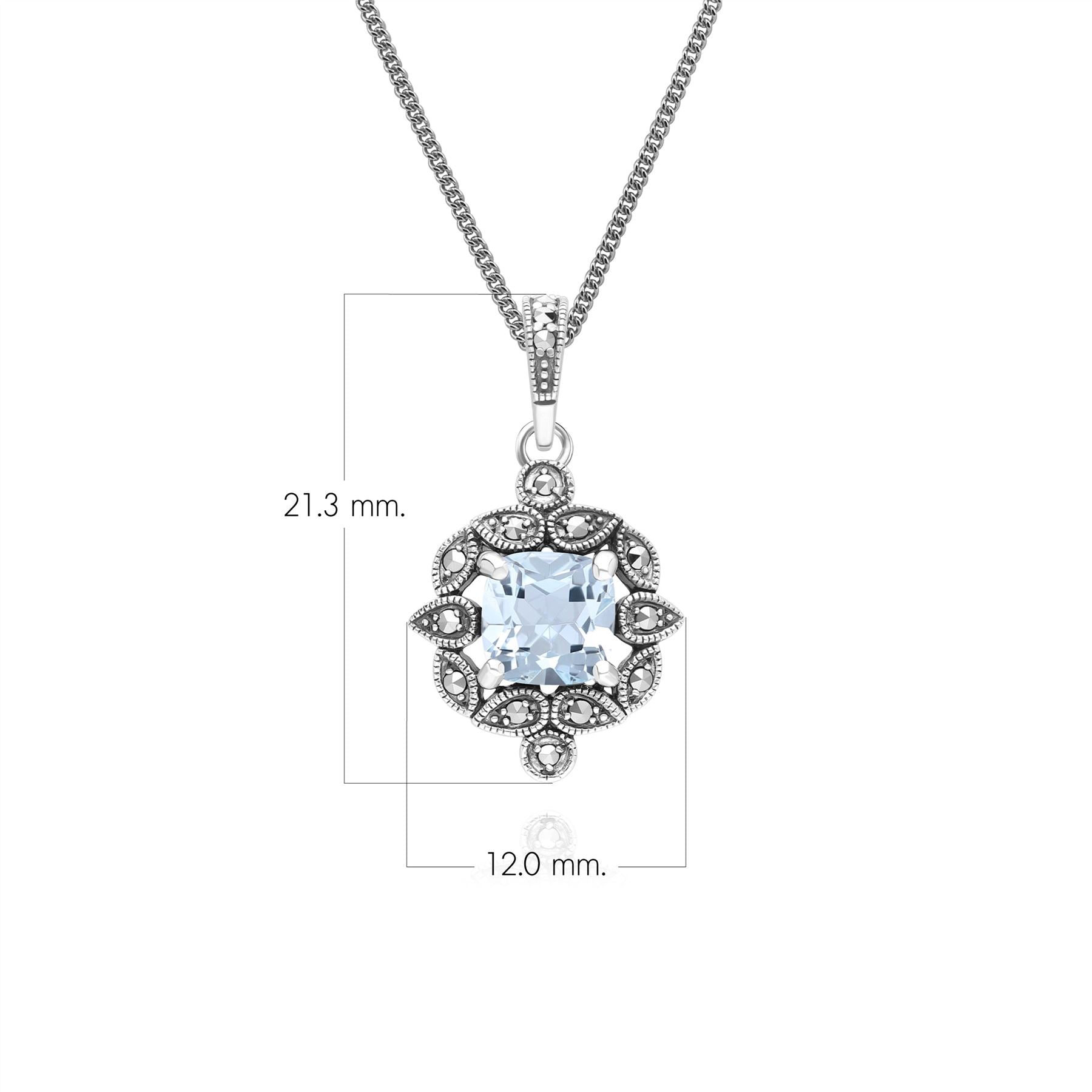 Art Deco Style Cushion Blue Topaz & Marcasite Pendant Necklace in Sterling Silver