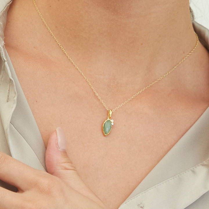 253P335202925 Irregular Marquise Dyed Green Jade & Topaz Pendant In 18ct Gold Plated SterlIng Silver On Model