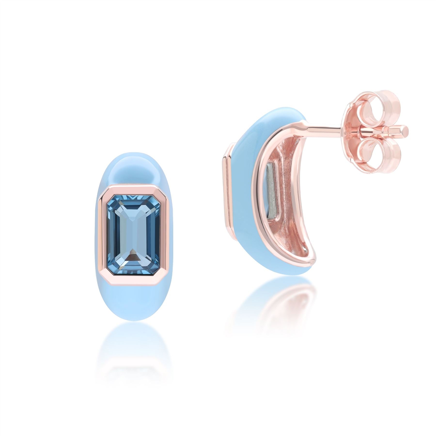 Siberian Waltz Blue Enamel & Octagon Sky Blue Topaz Half Hoop Earrings In Rose Gold Vermeil