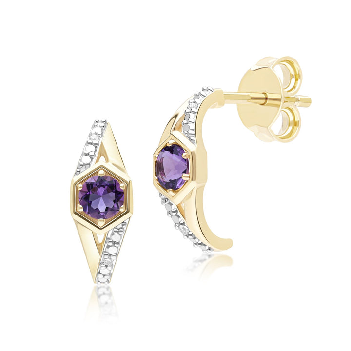 Geometric Hexagon with Prong set Round Amethyst and Diamond Half Hoop Earrings in 9ct Yellow Gold
