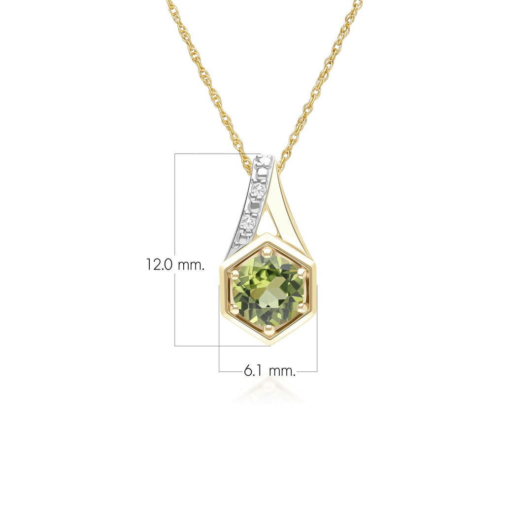 Geometric Hexagon with Prong set Round Peridot and Diamond Pendant Necklace in 9ct Yellow Gold