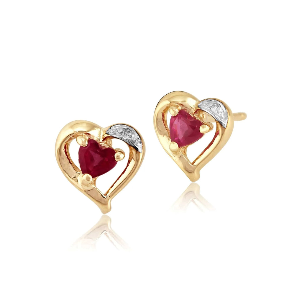 Classic Heart Ruby & Diamond Stud Earrings 9ct Yellow Gold