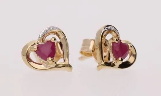 10295 Classic Heart Ruby & Diamond Stud Earrings in 9ct Yellow Gold 3