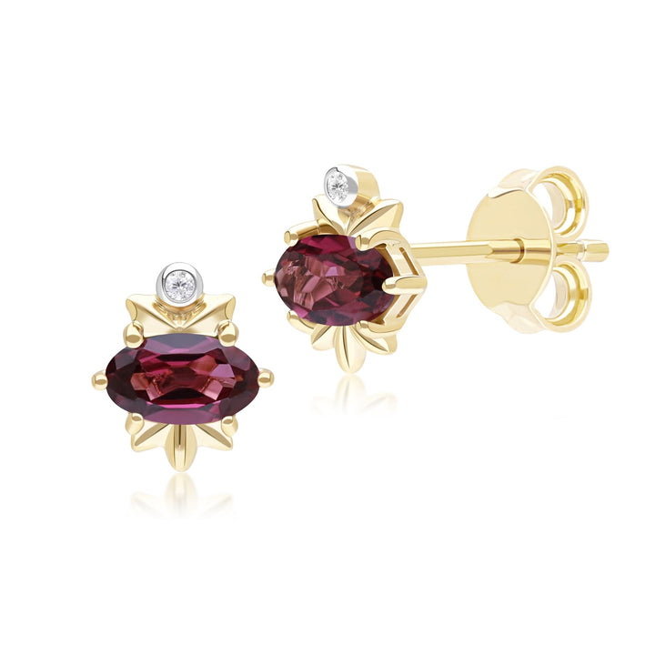 Classic Oval Rhodolite & Diamond Stud Earrings in 9ct Yellow Gold