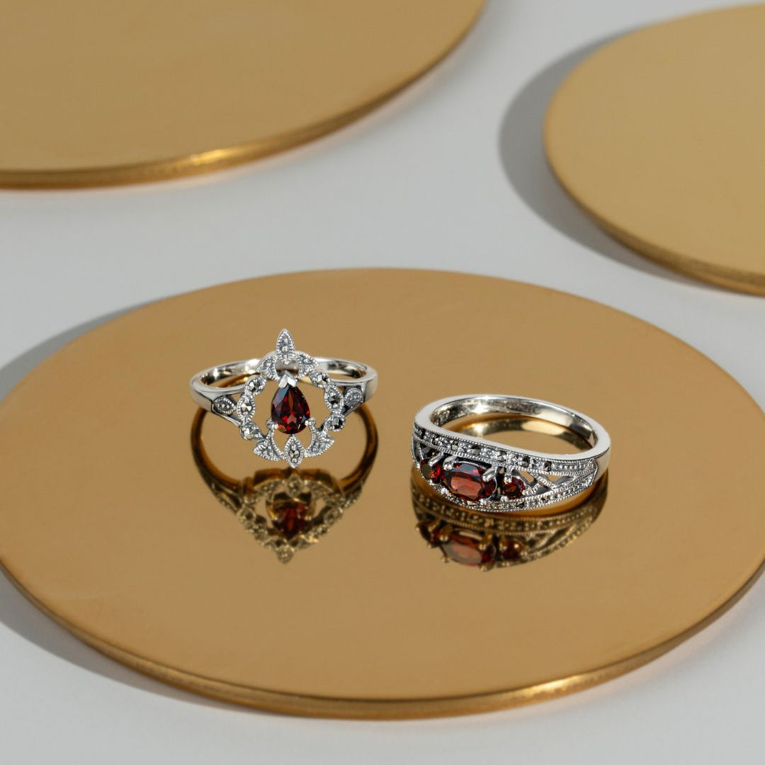 Victorian Style Pear Garnet & Marcasite  Garland Statement Ring in Silver