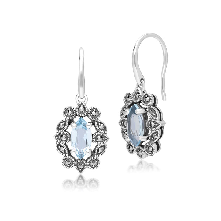 Art Deco Style Marquise Blue Topaz & Marcasite Drop Earrings in Sterling Silver