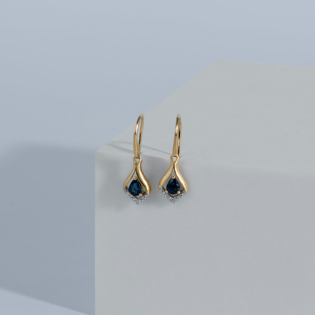 Classic Pear Sapphire & Diamond Leaf Halo Drop Earrings in 9ct Yellow Gold