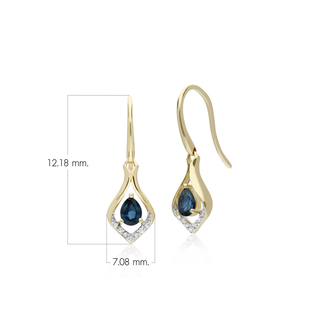 Classic Pear Sapphire & Diamond Leaf Halo Drop Earrings in 9ct Yellow Gold