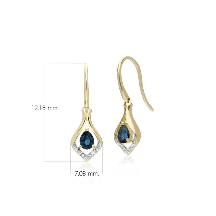 Classic Pear Sapphire & Diamond Leaf Halo Drop Earrings in 9ct Yellow Gold