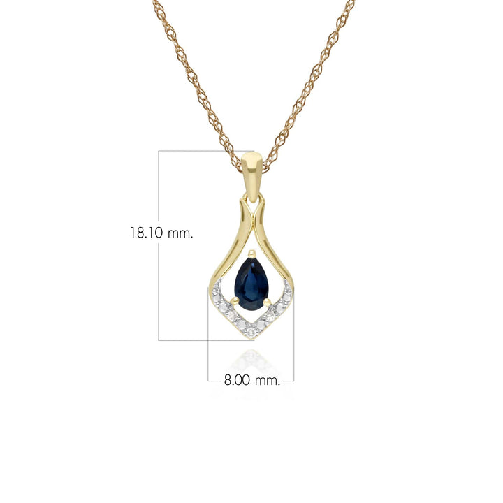Classic Pear Sapphire & Three Diamond Leaf Halo Pendant in 9ct Yellow Gold