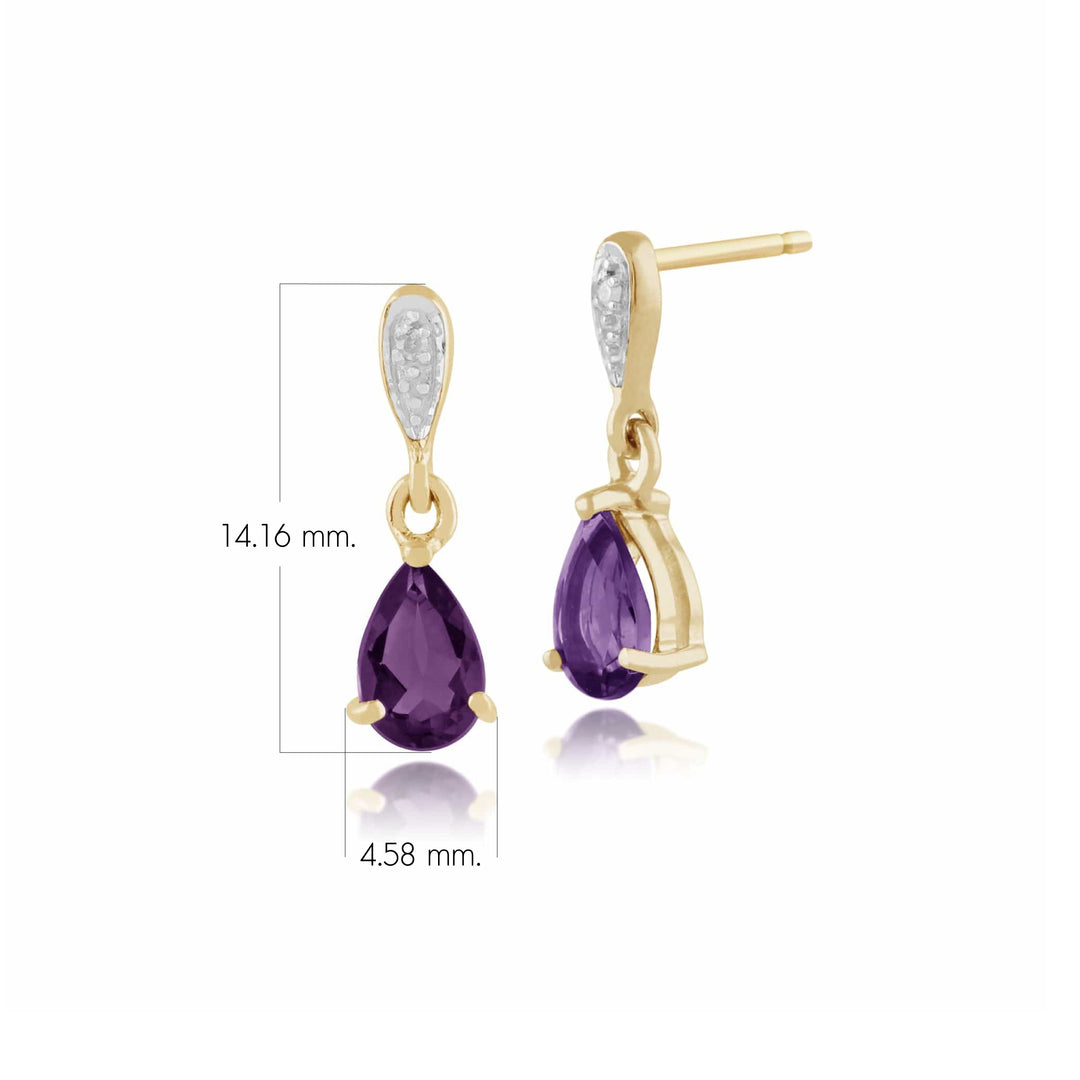 Classic Pear Amethyst & Diamond Drop Earrings in 9ct Yellow Gold 6mmx4mm