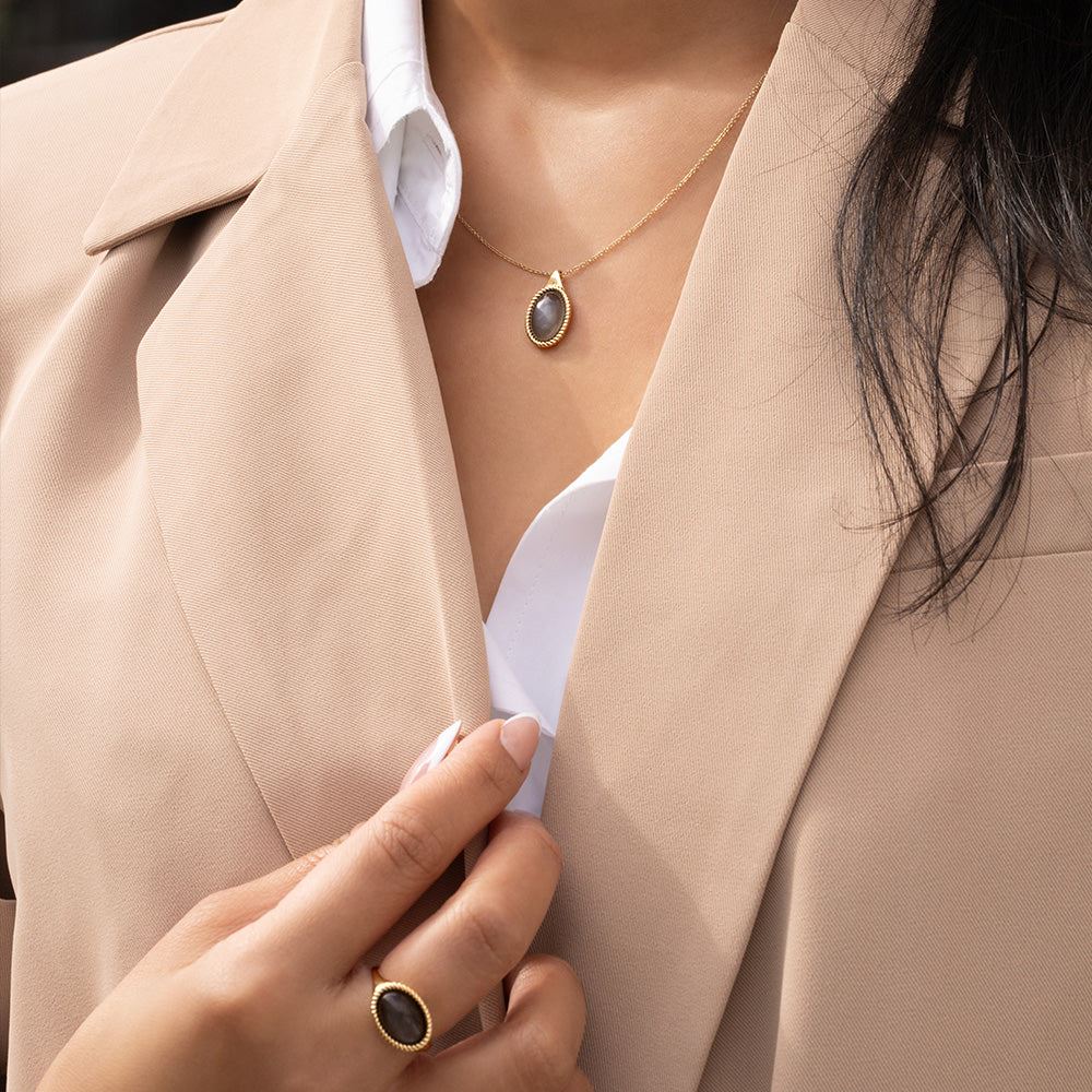 Classic Oval Black Moonstone Pendant Necklace in 9ct Yellow Gold