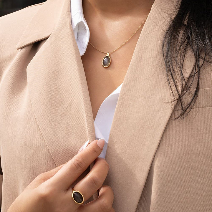 Classic Oval Black Moonstone Pendant Necklace in 9ct Yellow Gold