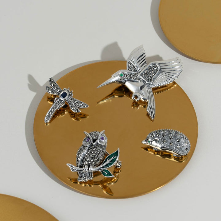 Art Nouveau Style Marcasite, Amethyst & Enamel Owl Brooch in  Sterling Silver