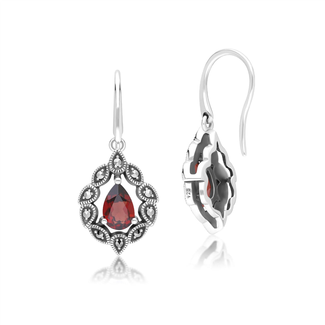 Art Deco Style Pear Garnet & Marcasite Drop Earrings in Sterling Silver