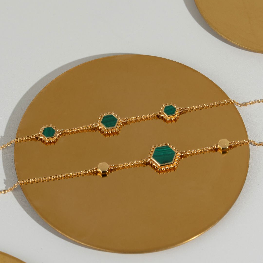 Malachite Flat Slice Hex Chain Bracelet in Gold Plated Silver