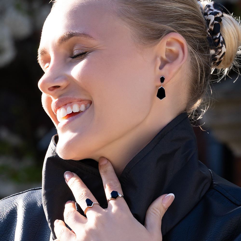 Grand Deco Hexagon Black Onyx Drop Earrings in Sterling Silver