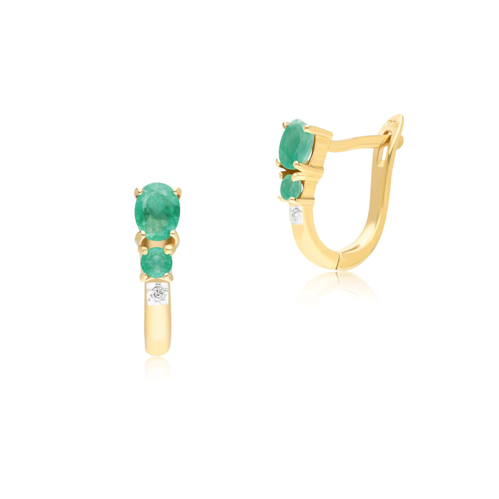 Classic Oval Emerald & Diamond Hoop Earrings 9ct Yellow Gold