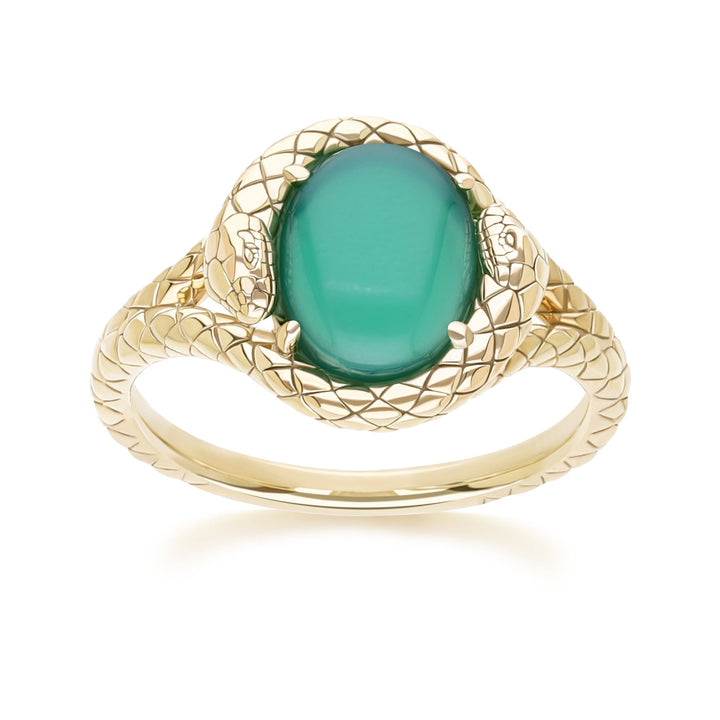 ECFEW™ Oval dyed green chalcedony snake two-headed coiled bezel-set cabochon ring in gold vermeil sterling silver