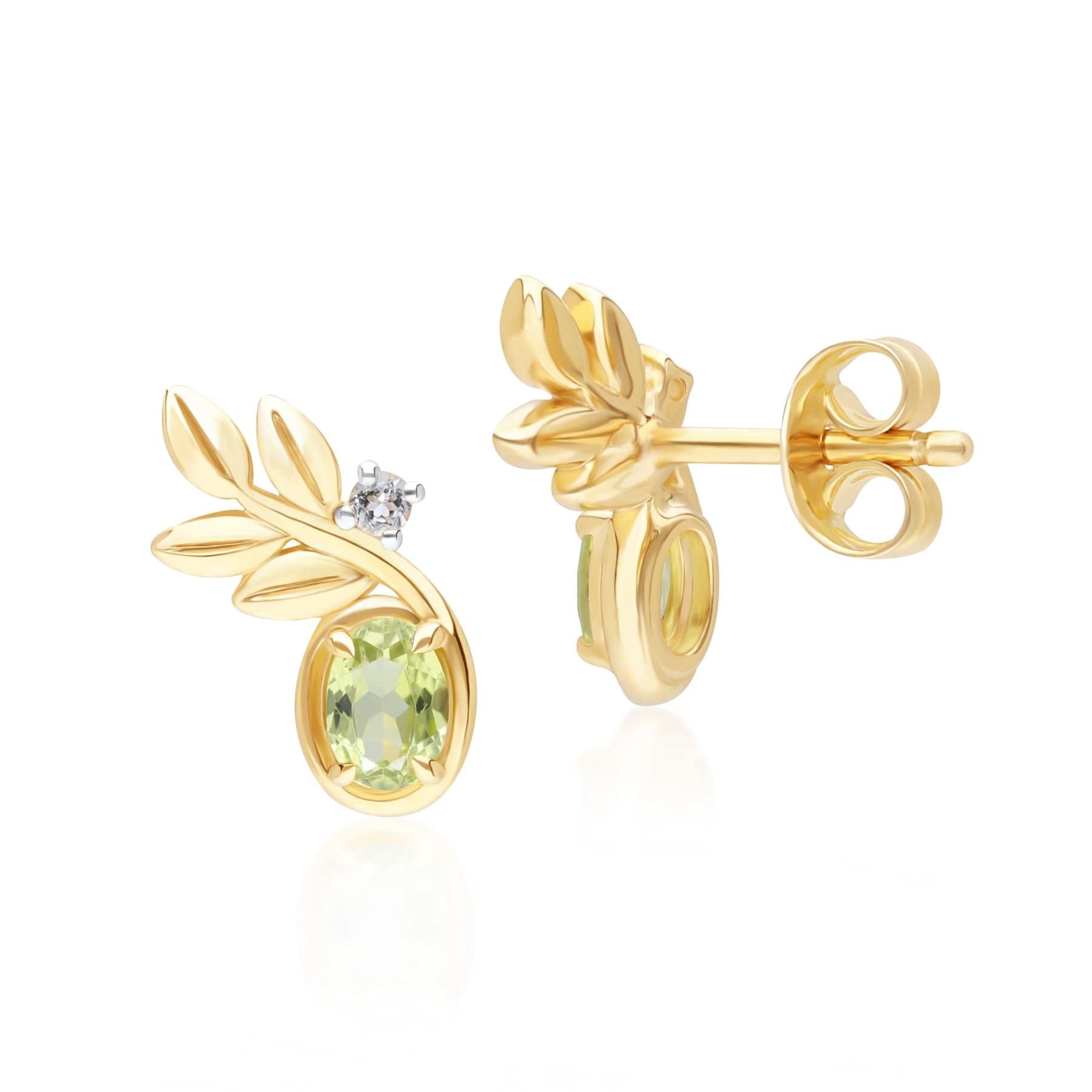 135E1859019 O Leaf Peridot & Diamond Stud Earrings In 9ct Yellow Gold Side