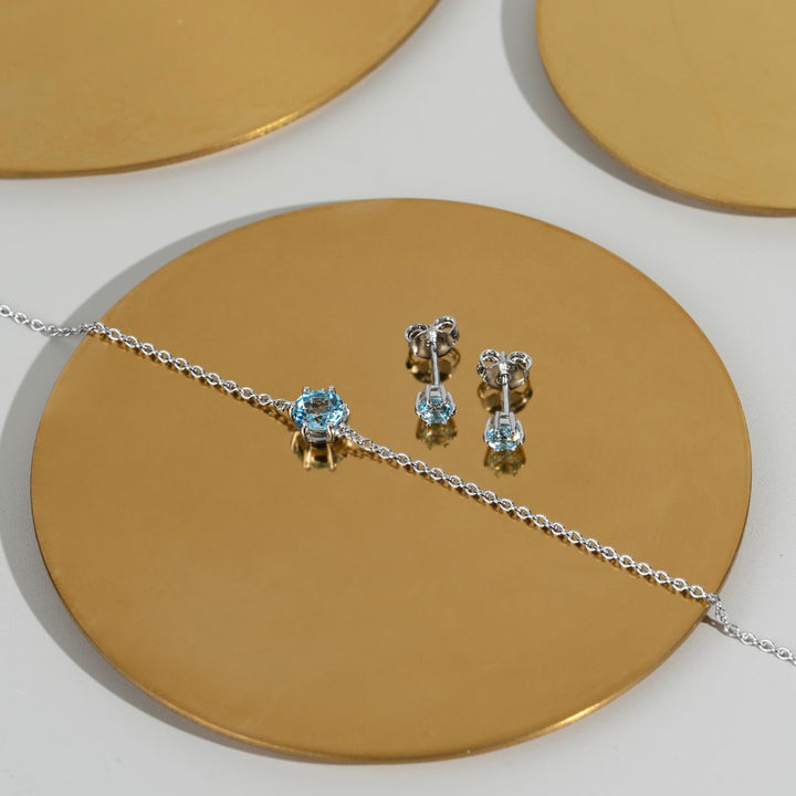 Classic Round Blue Topaz 6 Claw Set Single Stone Bracelet in 925 Sterling Silver