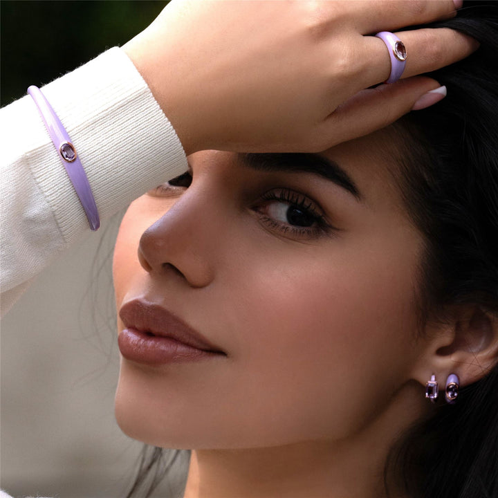 Siberian Waltz Violet Enamel & Octagon Amethyst Half Hoop Earrings In Rose Gold Vermeil