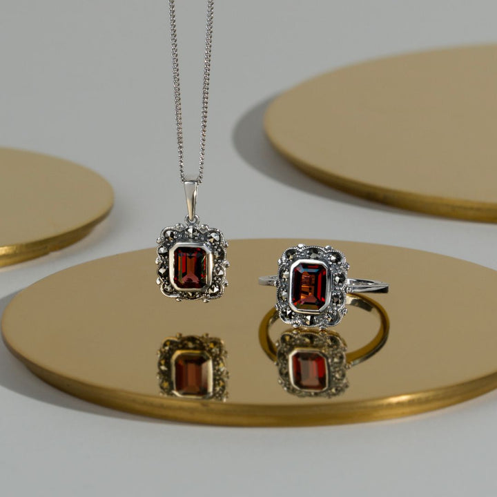 Art Nouveau Style Octagon Garnet & Marcasite Border Ring in 925 Sterling Silver