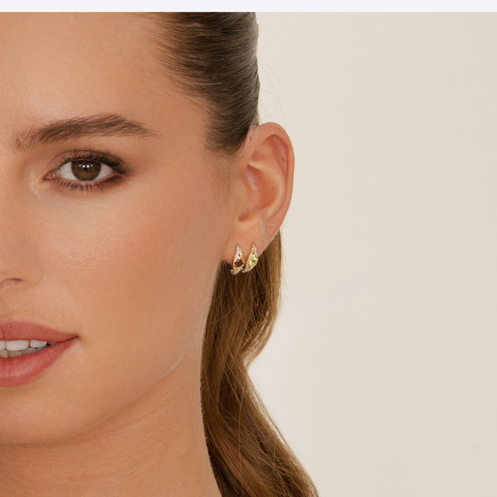 Geometric Hexagon with Prong set Round Peridot and Diamond Half Hoop Earrings in 9ct Yellow Gold