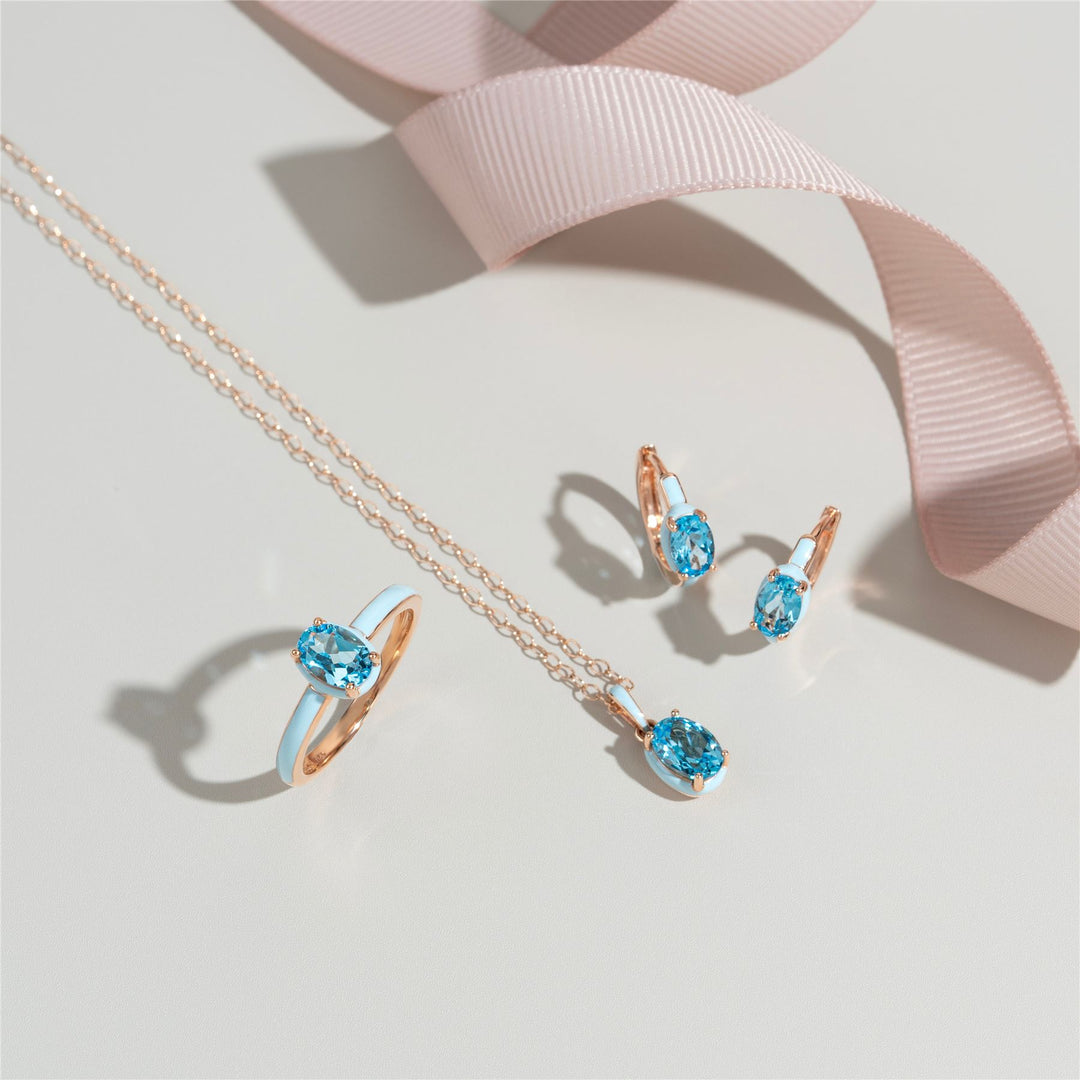 Siberian Waltz Blue Enamel & Oval Sky Blue Topaz Pendant Necklace In Rose Gold Vermeil