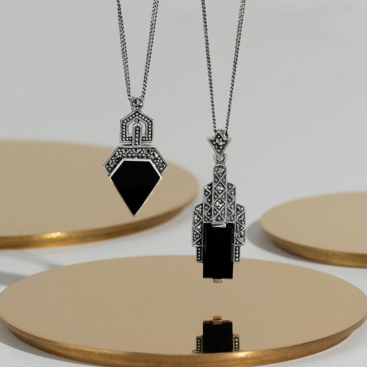 Art Deco Style Rectangle Black Onyx Cabochon & Marcasite Necklace In Sterling Silver