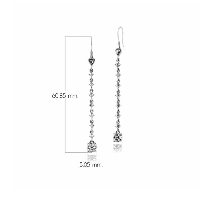 Art Deco Style Round Marcasite Long Dangle Drop Earrings in 925 Sterling Silver