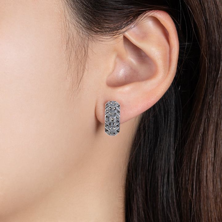 Art Deco Style Round Marcasite Stepped Stud Earrings in 925 Sterling Silver
