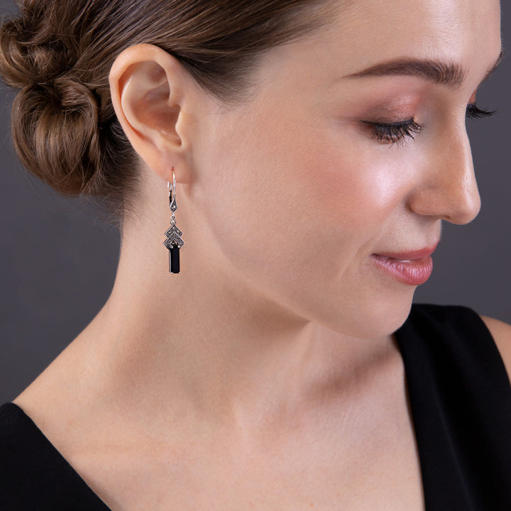 Art Deco Style Rectangle Black Onyx & Marcasite Drop Earrings in Silver