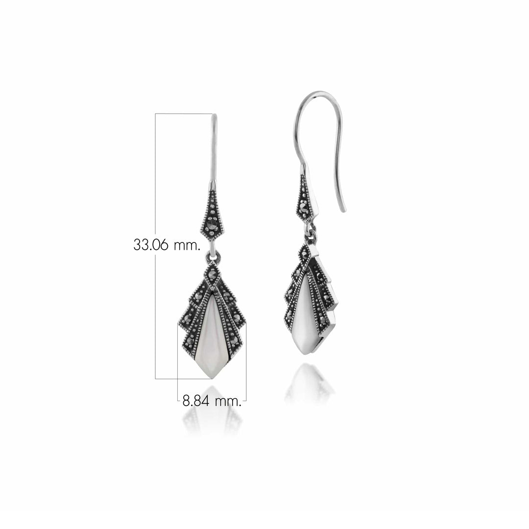 Art Deco Style Diamond Mother of Pearl & Marcasite Drop Earrings in 925 Sterling Silver