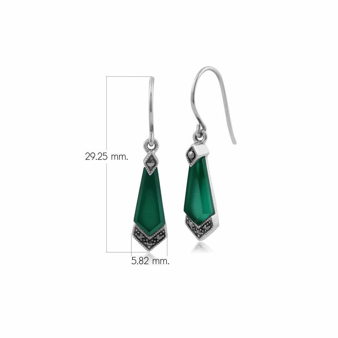 Art Deco Style Diamond Lapis Lazuli Cabochon & Marcasite Drop Earrings in 925 Sterling Silver