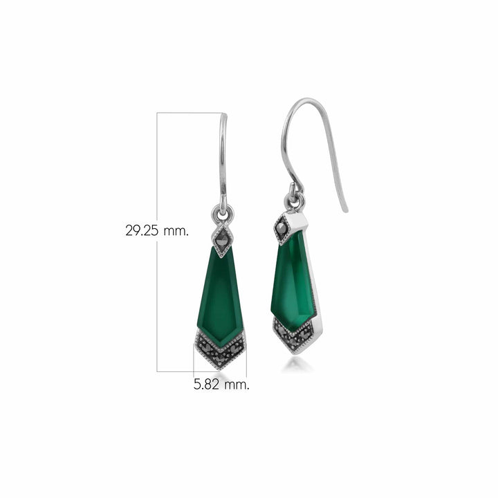 Art Deco Style Diamond Lapis Lazuli Cabochon & Marcasite Drop Earrings in 925 Sterling Silver
