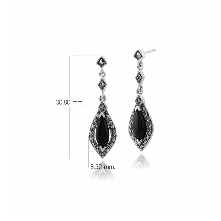 Art Deco Marquise Black Onyx & Marcasite Halo Drop Earrings in 925 Sterling Silver