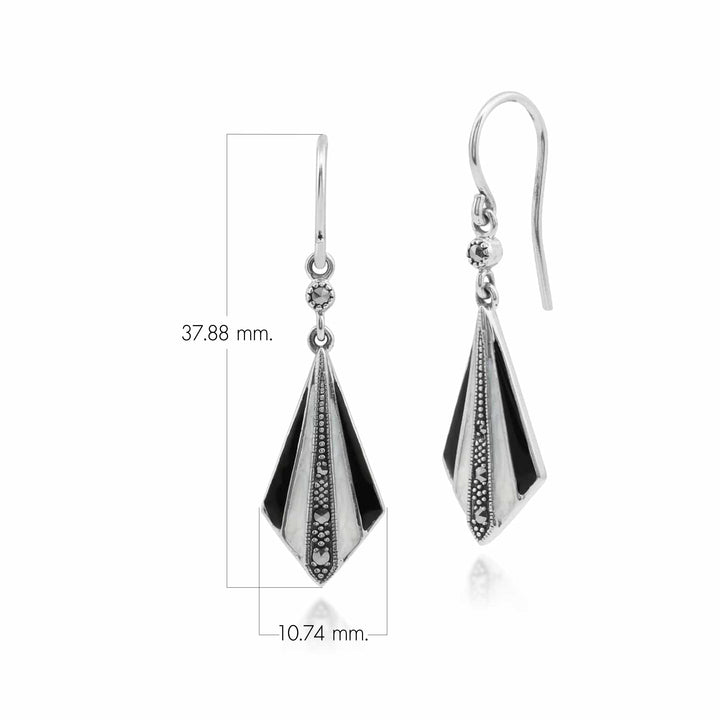 Art Deco Style Round Marcasite Black & White Enamel Fan Drop Earring in 925 Sterling Silver