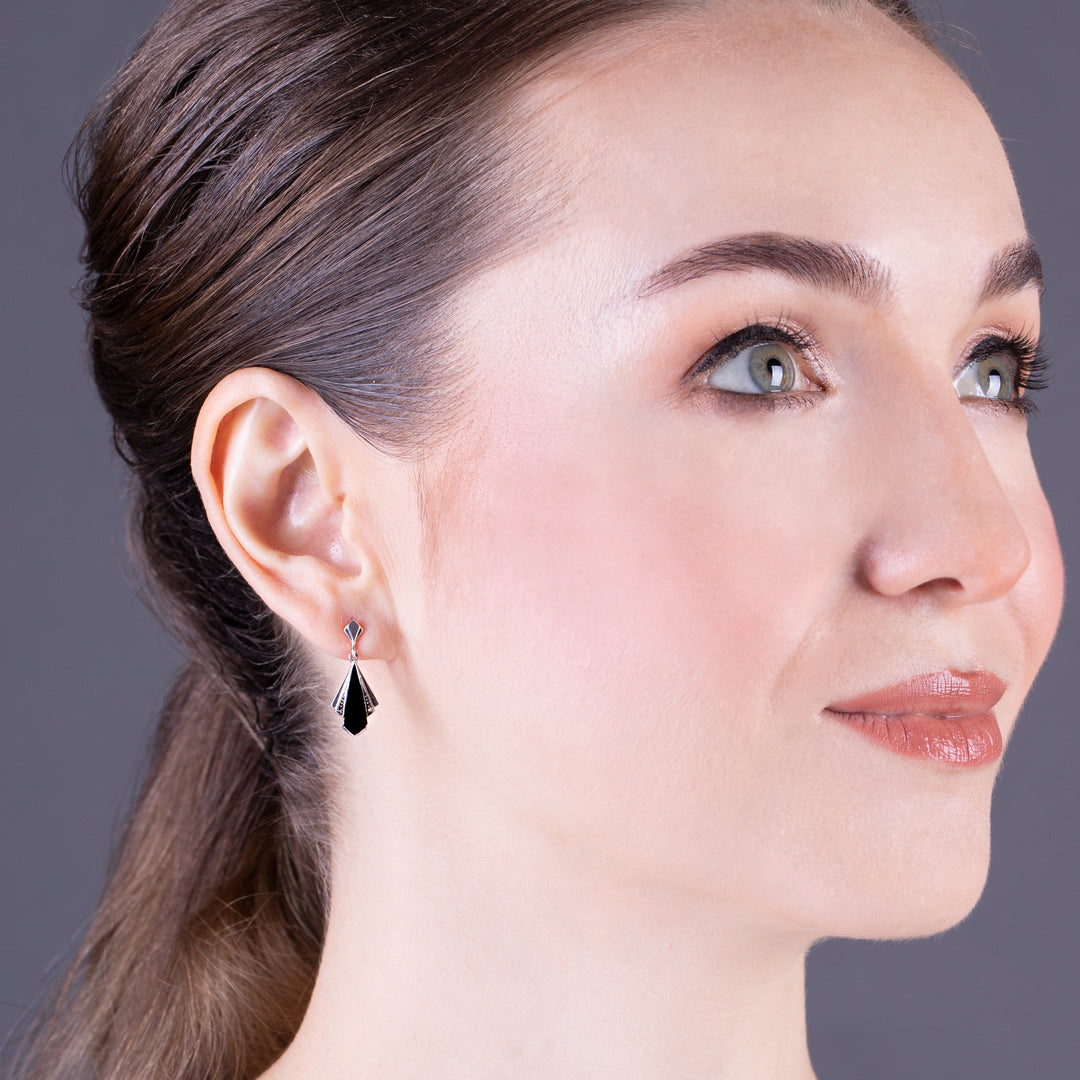 Art Deco Style Black Onyx & Marcasite Fan Drop Earrings in 925 Sterling Silver