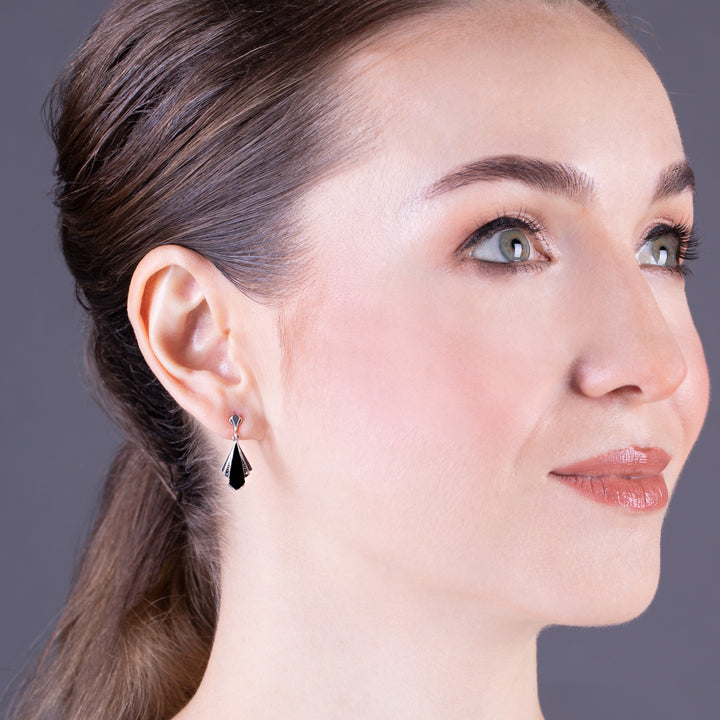 Art Deco Style Black Onyx & Marcasite Fan Drop Earrings in 925 Sterling Silver