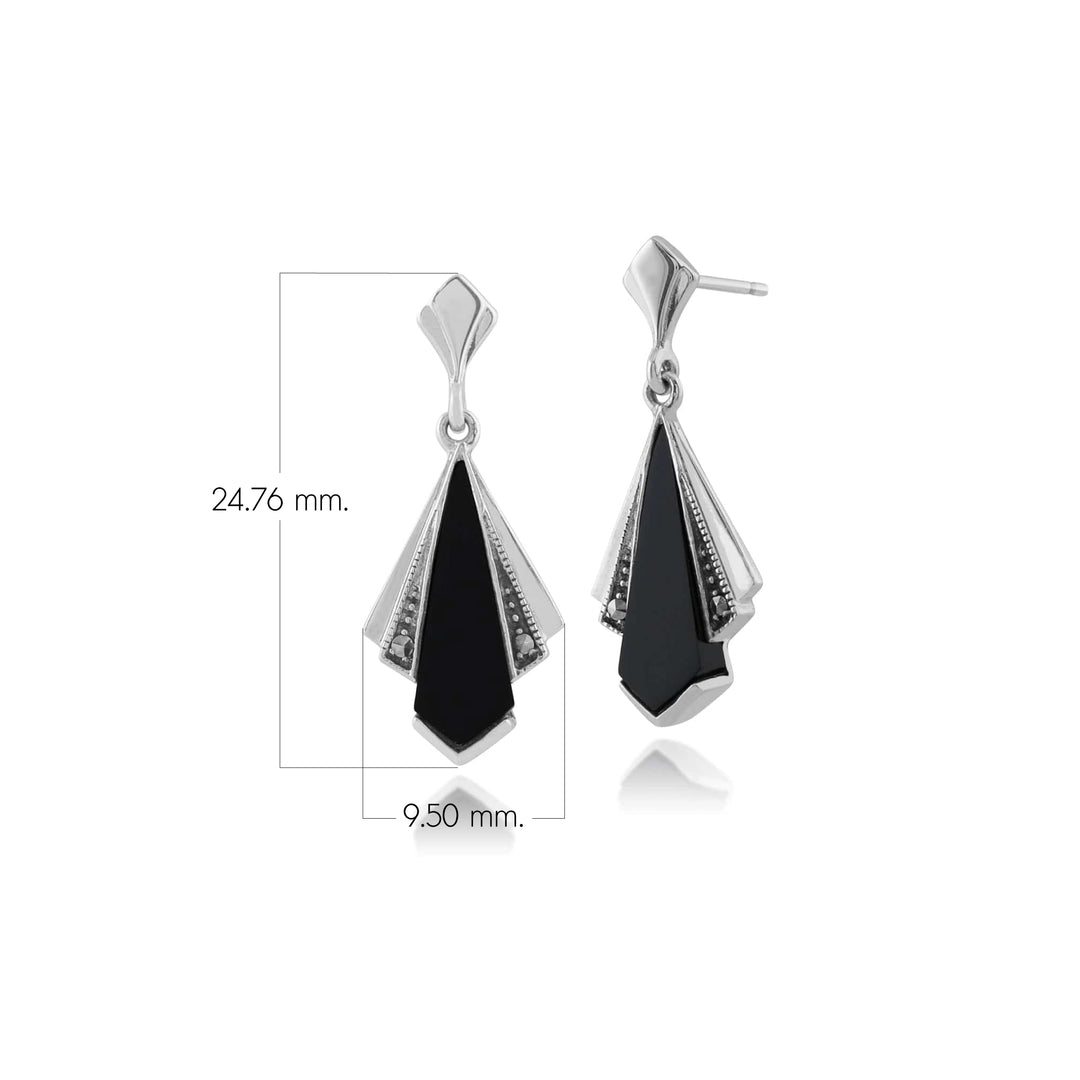 Art Deco Style Black Onyx & Marcasite Fan Drop Earrings in 925 Sterling Silver