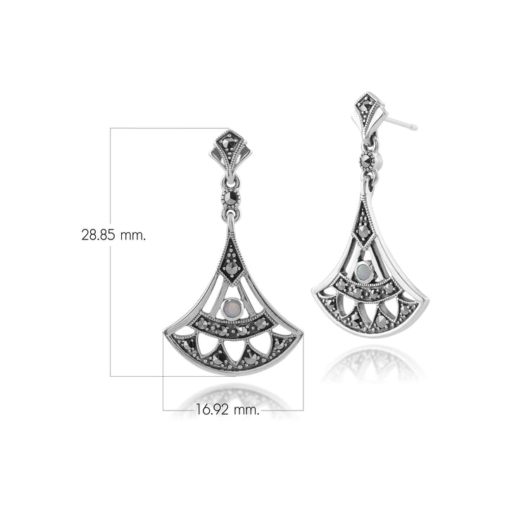 Art Deco Style Round Opal & Marcasite Open Work Fan Drop Earrings in 925 Sterling Silver